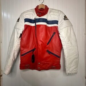 Vintage Honda Leather Motorcycle Racing Jacket Red White Blue Mens Size 42